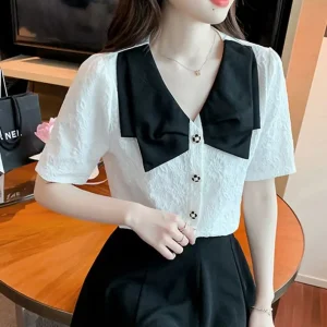 Women Summer Blouse Doll Collar Bow Contrast Color Short Sleeve Button Sweet T shirt Fashion Girls Tops Shirt