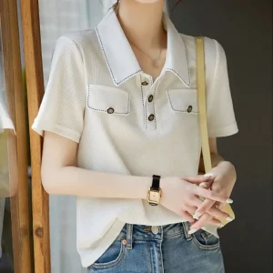 Women Summer Knit Breathable Polo Collar Button Short Sleeve T shirt Korean Girls Simple Tops Shirt Casual T shirt