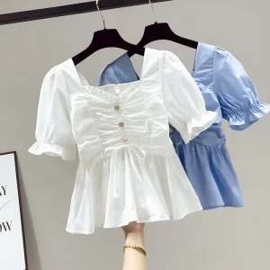 Women Summer Square Collar Pleated Sweet Shirts Girls Short Sleeve Back Elastic Fashion Tops Blouse Button Decor Casual Shirt