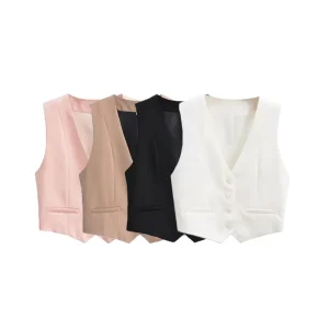Women Tatting Single Breasted Cropped Waistcoat Vintage V Neck Sleeveless Outerwear