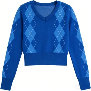 Women V-neck Sweater Ladies Fasion Diamond Pattern Pullover Customized Sweaters Knitwear Knit Girls Tops to Keep Warm