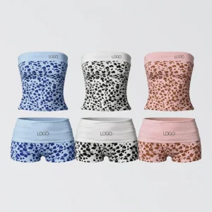 Women’s 2PCS Leopard Hibiscus Print Bandeau Set Strapless Fold Over Tube Top High Waist Shorts Custom Logo Casual Wear