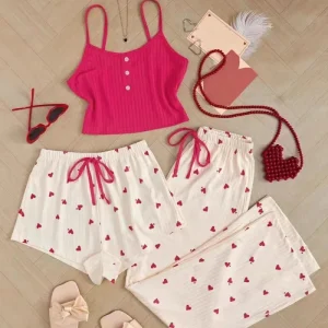 Women’s 3Pcs Pajamas Set Party Gift Heart Printed Vest Shorts and Pants Paired with Ribbed Fabric Girls Sleepwear Set Party Gift