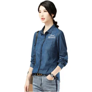 Women’s Blouses & Shirts With Pocket Girls Blue Denim Shirt Casual Turn-Down Collar Long Sleeve