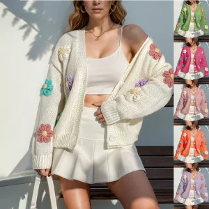 Womens Cardigan Sweaters Oversized Chunky 3d Jacquard Wool Ball Knit Comfortable Versatile Cute Girl Clothes Soft Sweatshirt