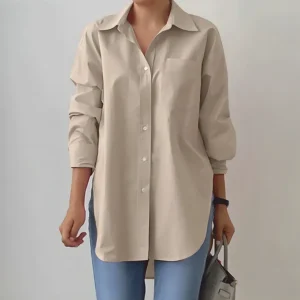 Women’s Casual Blouse Solid Long Sleeve Button Shirt with Front Logo Autumn White Summer Fashion for Girls