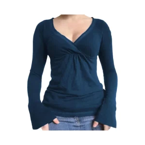 Women’s Casual Y2K Long Sleeve Crop Tops with Lace Stitching V Neck Fairy Design Spring & Fall Downtown Girl Coquette Clothing