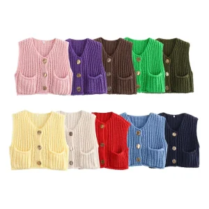 Women’s European American Style Sleeveless Cardigan Sweater Vest Autumn Pocket Vest Knitted Short