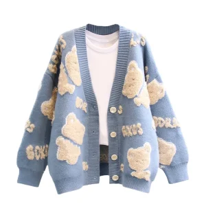 Women’s Long Sleeve Winter Knitted Cardigan Sweater with Custom Logo & Jacquard Knitwear Featuring Cartoon Pattern for Girls