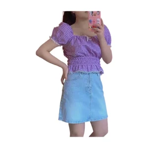 Women’s Loose Fit Casual Blouse Tops New Arrival Summer Plaid Woven Front Logo Quality Skinny Fit Shirt for Girls