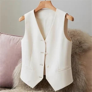 Women’s Petite Waistcoat Suit Vest Spring Autumn Slim Fit Outerwear Black Short Style Polyester Elegant Single Breasted
