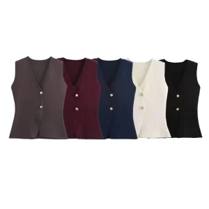 Women’s Retro Slim V Neck Knit Cardigan Vest Solid Color Vest Temperament Style Suit