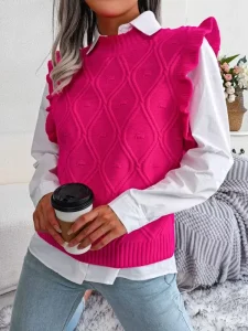 Women’s Ruffle Shoulder Knit Vest Autumn Korean Style Floral Pattern Neck Sleeveless Sweater