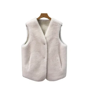 Women’s Sheep Shearling Casual Vest Coat Female Girl Real Wool Fur Short Warm Waistcoat Jacket JT3319