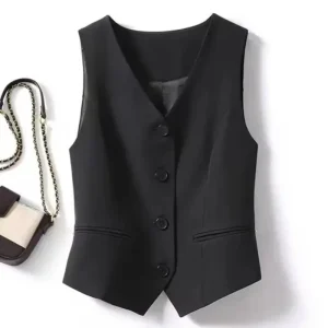 Women’s Slim-Fit Casual Suit Vest Blue Short Waistcoat with Exterior Stacked Small Size