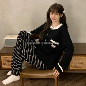 Women’s Spring and Autumn Cute Girls Lace Trim Round Neck Sleepwear Two Piece Set of Casual Home Pajamas