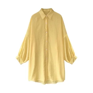 Women’s Summer Basic Long Sleeve Shirt Office Solid Color Leisure Girls’ Blouse Dress Shirt