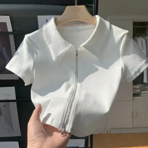 Women’s Summer Cardigan Top for Polo Collar Short Sleeved T shirt High Waisted Fitted Double Zipper