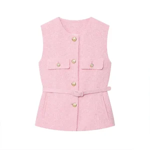 Women’s Vest Autumn New Fashion Belt Waist Thick Sleeveless Vest Retro Casual Sleeveless Women’s Vest