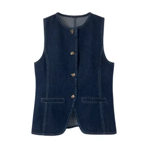 Women’s Vests & Waistcoats Custom ODM Manufacturer Gold Button Tailored Denim Vest Work Office Lady Elegant Waistcoat for Women