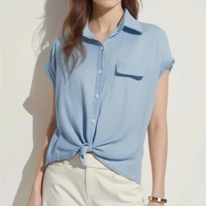 Women’s Vintage Style Long Sleeve Blouse in Plain Blue Spring Summer Top Front Logo Satin Fabric Breathable for Ladies Girls