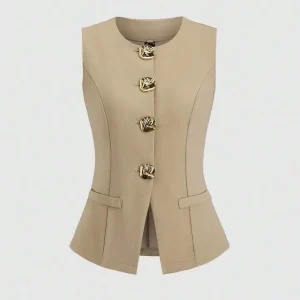 Women’s Waist Defining Solid Color Sleeveless Crew Neck Vest Waistcoat
