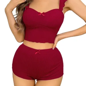 Women’s Woven Pajamas Set Built In Bra Breathable Quick Dry 3D Embroidery Loungewear Cami Shorts 2 Piece