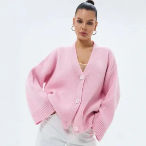 Wool Cotton Acrylic Loose Fit Oversized Pink Fashion Young Girl Women Knitted Cardigan Classic Style Women Sweater