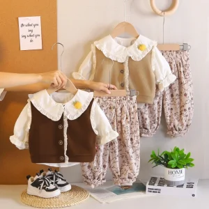 XBR Spring Autumn Lace Vest Set Girls Korean Logo Worsted Animal Print Soft Long Sleeve Children’s