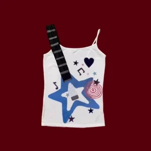 Y2K Guitar Rhinestone Camisole Vest with Star Heart Print Sleeveless Top for Summer