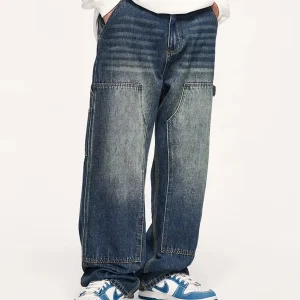 Y2K Style Retro Blue 100% Cotton Baggy Streetwear Jeans for Boys High Hip Hop Cartoon Embroidery Loose Straight Light Summer Men