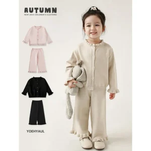YOEHYAUL Knitted Toddler Blank Sweater Pants Set Knitwear Little Girls Outfit Set Two Piece Children’s Clothes Girl Set