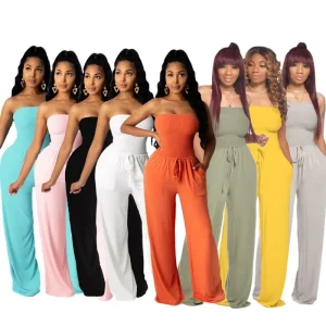 YQY9336 Summer Strapless Pleated Girls Jumpsuits Wide Leg Jumpsuit Women One Piece Jumpsuits