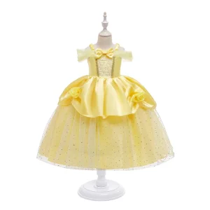 Yellow Roses Belle Princess Dress Off Shoulder Layered Ball Gown Costume for Kids Girl