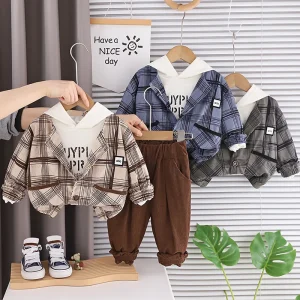 Yihao Kids Boys Korean Style Cotton Spring Three-Piece Outfit Set with Long-Sleeved Plaid Shirt and Hoodie Children’s Suit