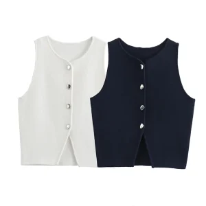 ZATRHMBM Women Summer New Fashion Cropped Knitted Tank Tops Vintage Sleeveless Button up Female Chic Vest Top Mujer