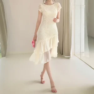 ZYHT 31228 Girls’ Floral Sweet Solid Party Lace Midi Dress with Crew Neck Short Cap Sleeves and Asymmetric Ruffled Hem