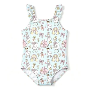 Zhengpai Kawaii Rainbow Bow Duck Printed Girls Ruffle Shoulder Swimwear Apparel Sweet Pattern Beach Vacation Pool Bathing Suit