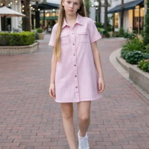 pink Girls Dress with Stripe Pattern Shirt style One piece Dress for Girl in Summer